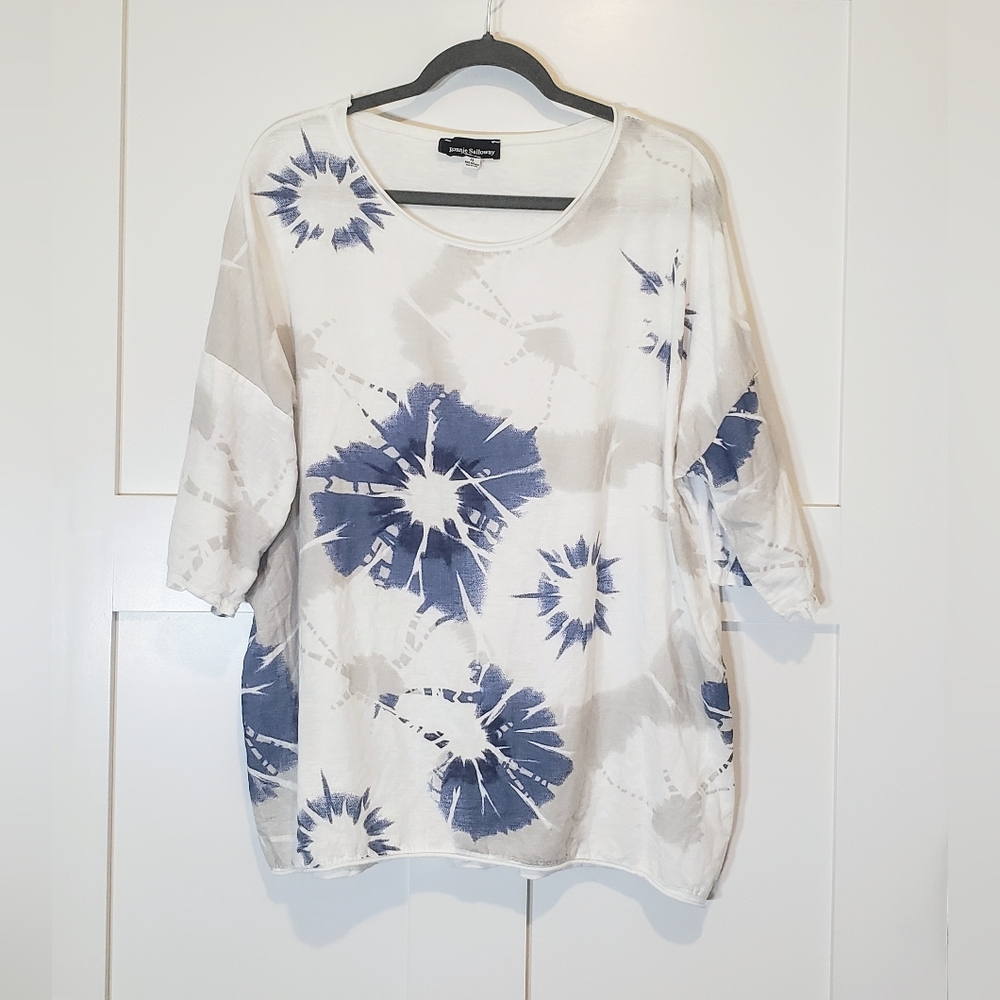 Ronnie Salloway Linen Made In Italy Roll Tab Short Sleeve  XL White Blue Gray